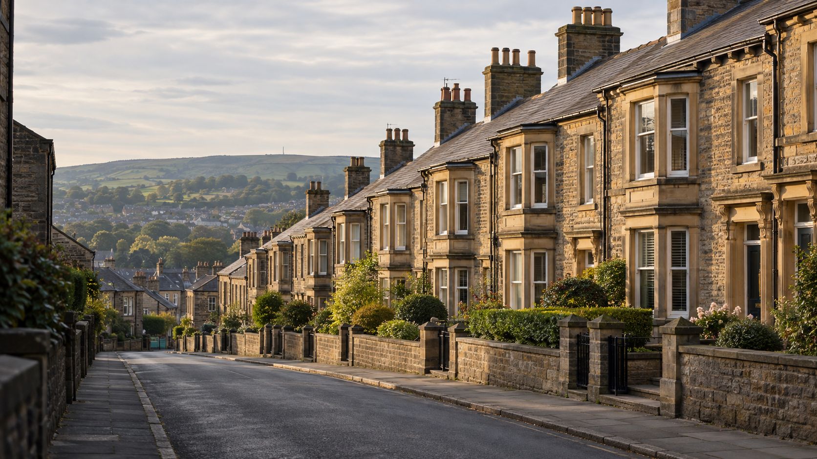 A street of stone terraced houses with bay windows and moorland hills beyond