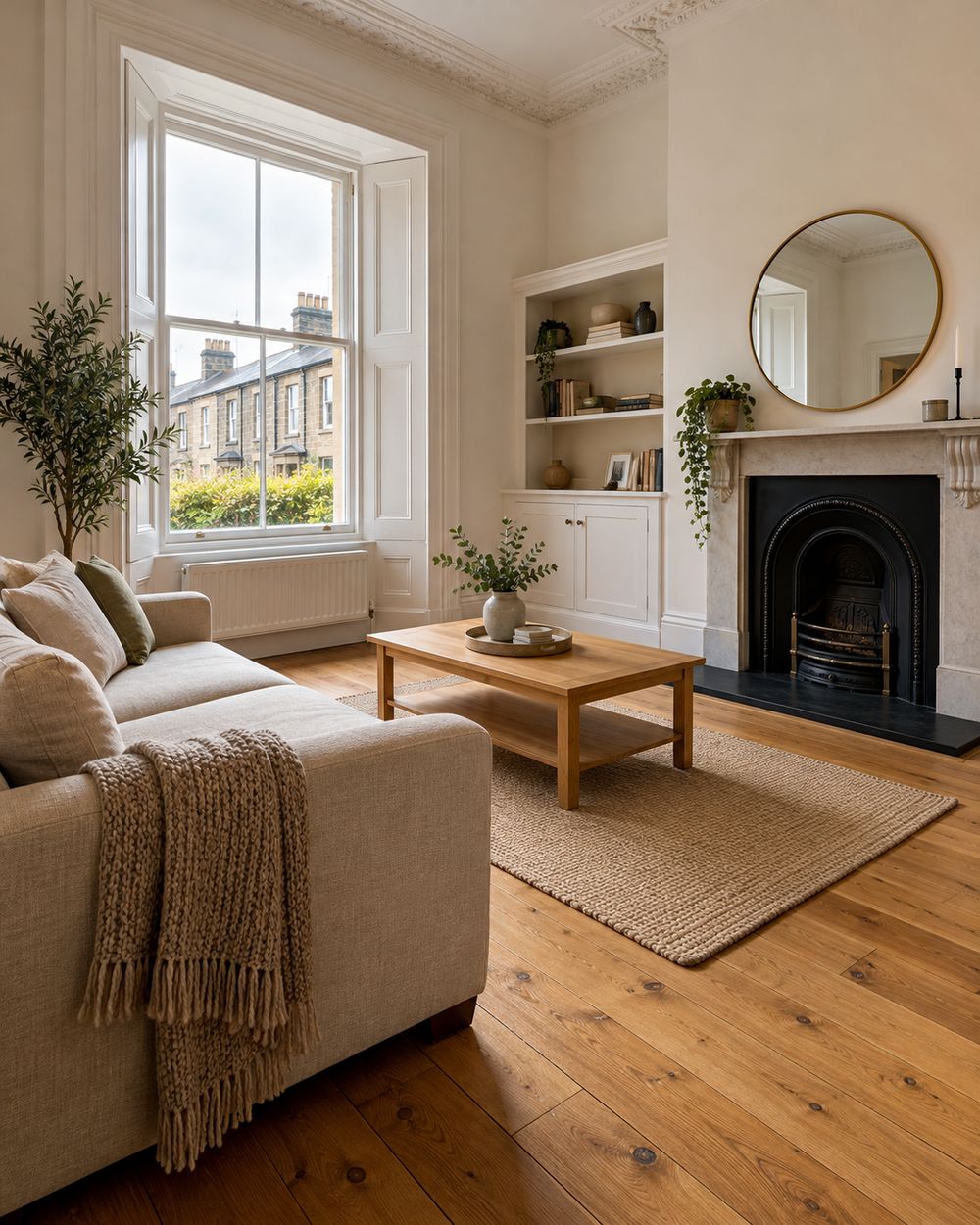 A bright living room with a sash window, fireplace and wooden floor in a Victorian terraced house