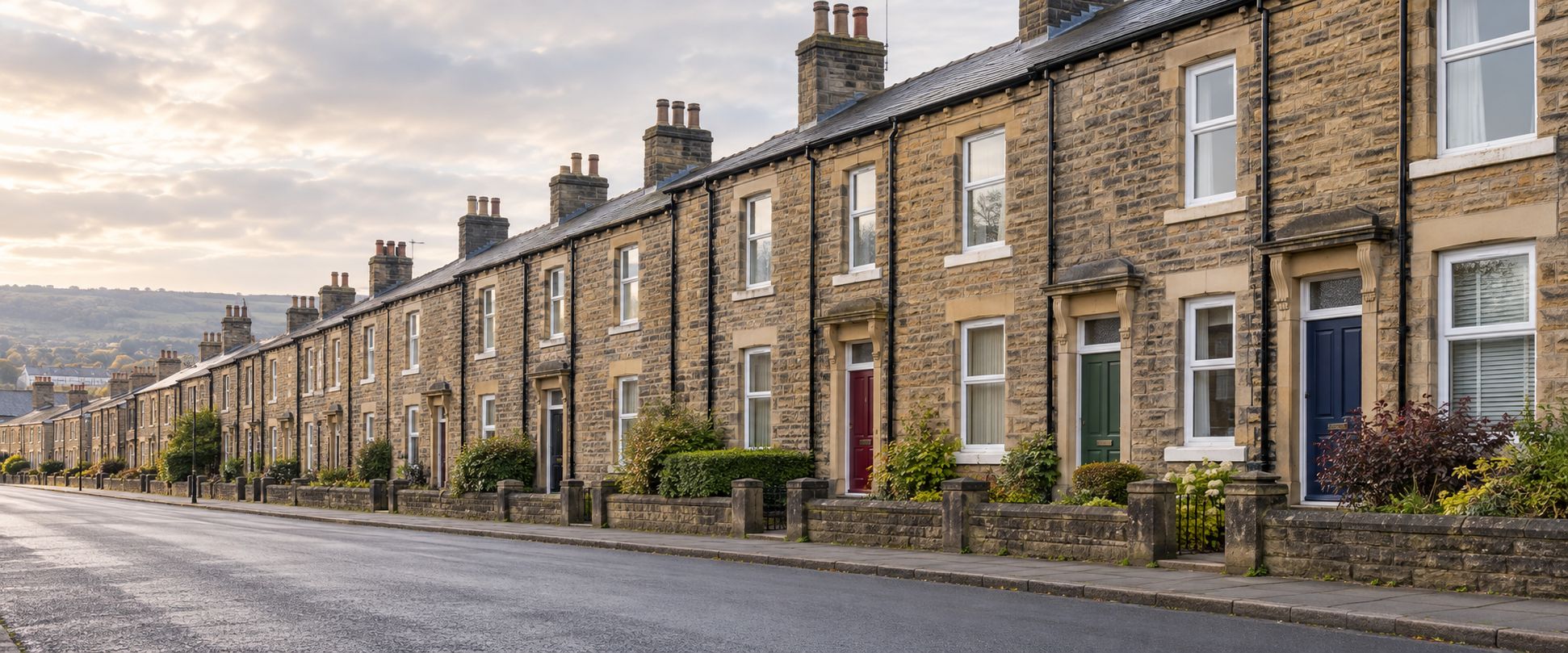 A long street of stone terraced houses