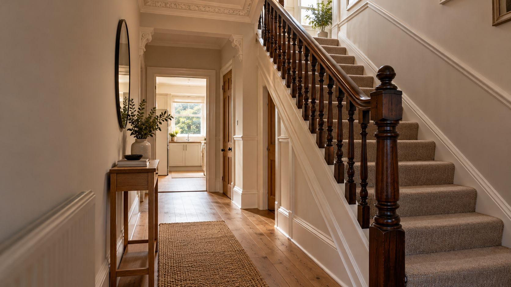 A bright hallway and staircase in a refurbished Victorian house