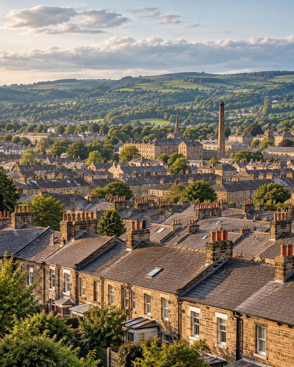 Rooftops of an East Lancashire town with a mill chimney and green hills