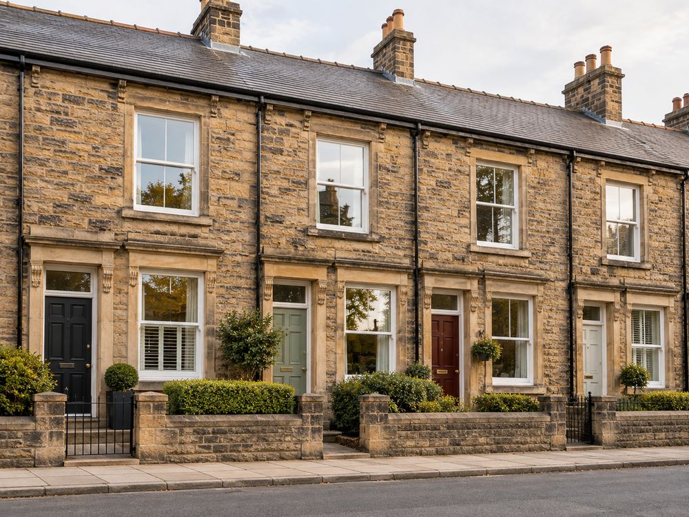 A row of well-kept stone terraced houses