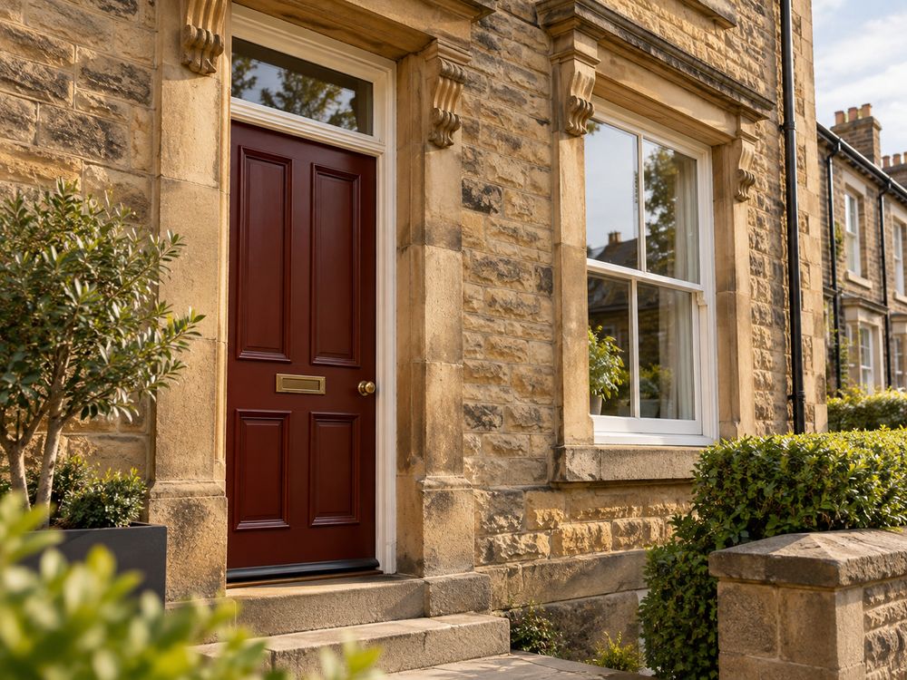A painted front door and sash window in a sandstone terraced house